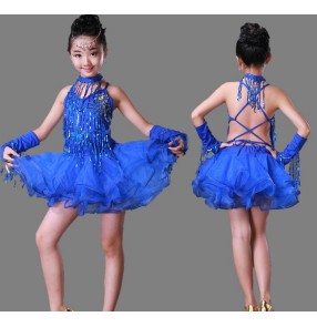 Royal blue fuchsia hot pink red sequins fringes tassels backless ruffles skirts girls kids children competition performance latin ballroom dance dresses outfits